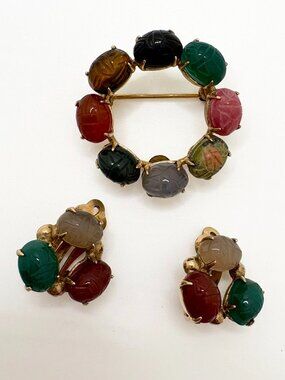 Vintage Winard Scarab Brooch & Earrings Set 12K Gold Filled Egyptian Revival